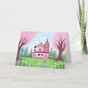 Pink Viktorianisch House & Cherry Blossom Blank Ca Karte