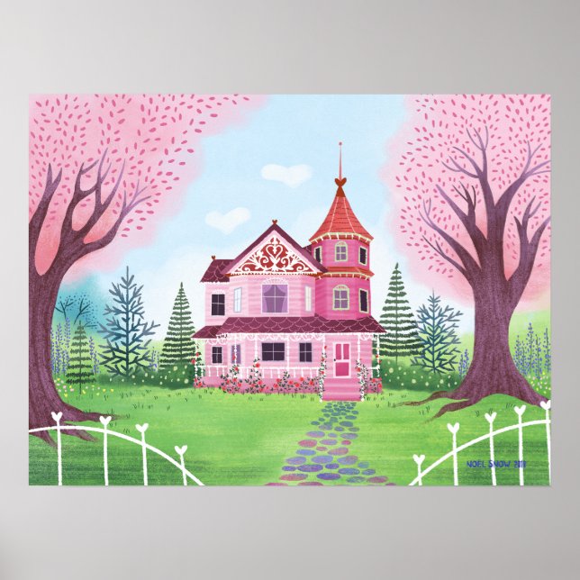 Pink Viktorianisch House & Cherry Blossom Poster (Vorne)