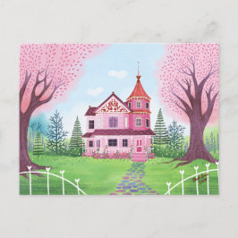 Pink Viktorianisch House & Cherry Blossom Postkarte