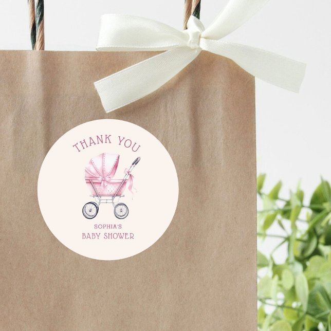 Pink Vintag Baby Carriage Baby Dusche Runder Aufkleber (Von Creator hochgeladen)