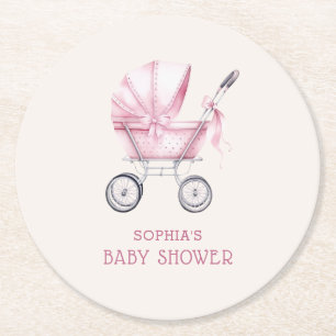 Pink Vintag Baby Carriage Baby Dusche Runder Pappuntersetzer