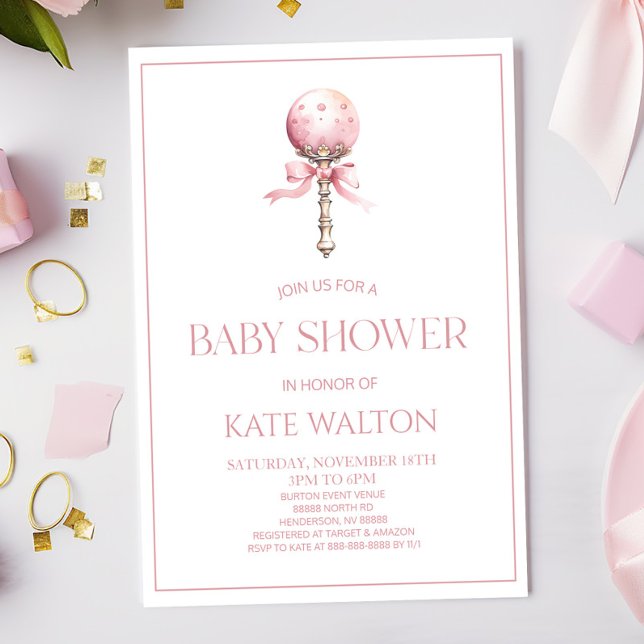 Pink Vintag Baby Rattle Toy Kinderzimmer Babydusch Einladung (Von Creator hochgeladen)