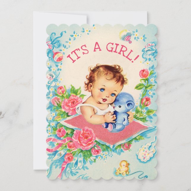 Pink Vintag Baby & Rose Kinderdusche Einladung (Vorderseite)