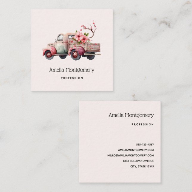 Pink Vintag Bauer Truck Quadratische Visitenkarte (Vorne/Hinten)