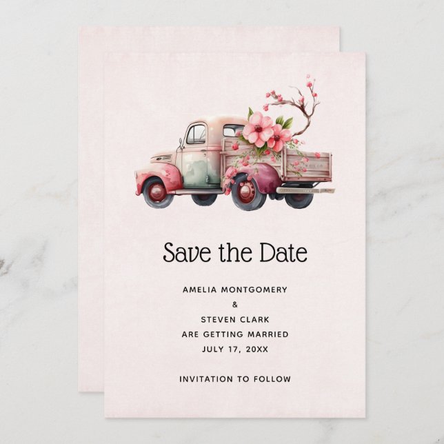 Pink Vintag Bauern LKW-Hochzeit Save The Date (Vorne/Hinten)