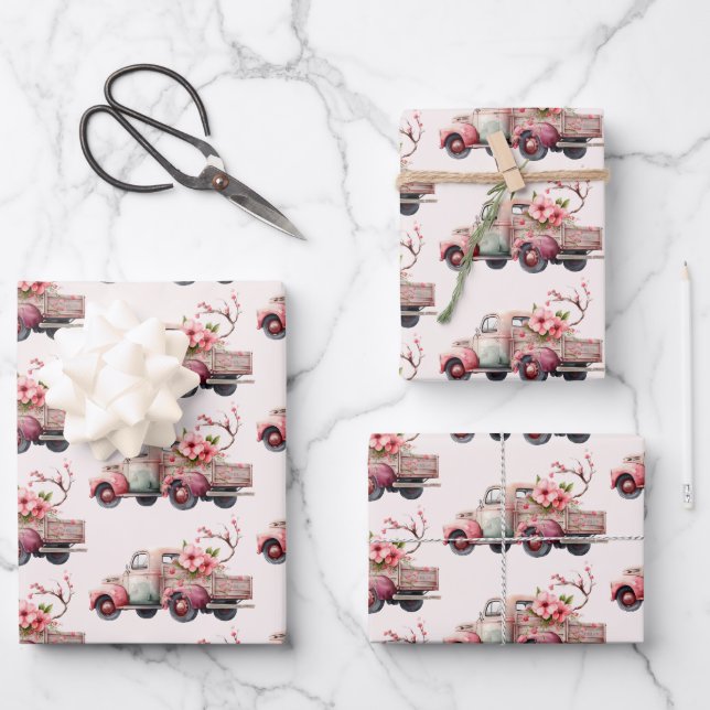 Pink Vintag Bauern LKW-Muster Geschenkpapier Set (Vorderseite)