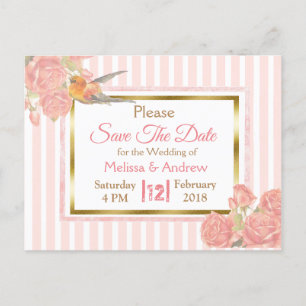 PInk Vintag Bird Floral Wedding Save the Date Ankündigungspostkarte