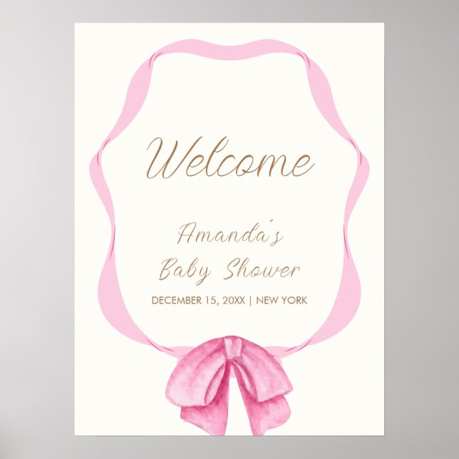 Pink Vintag Bow Frame Girl Babydusche Willkommen Poster (Vorne)