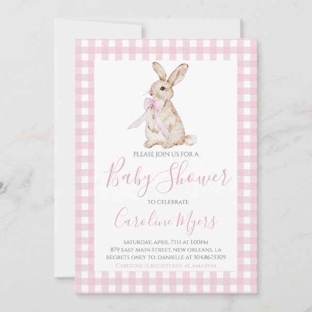 Pink Vintag Bunny Rabbit Bow Baby Dusche Einladung (Vorderseite)