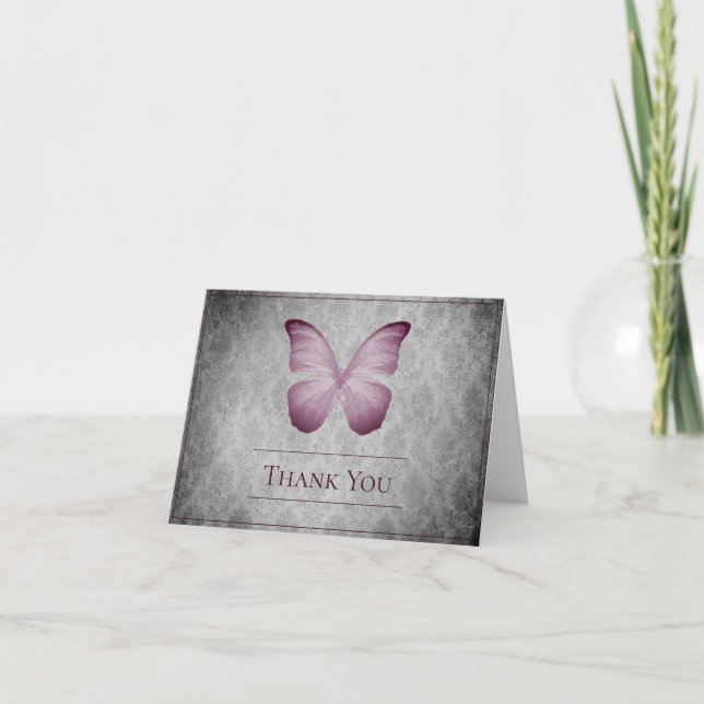 Pink Vintag Butterfly Damask Hochzeit Danke (Vorderseite)