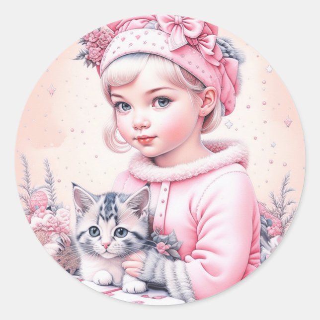 Pink Vintag Girl and Kitten Weihnachten Runder Aufkleber (Vorderseite)