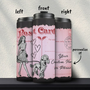 Pink Vintag Postcard Shopping Frau Poodle Liebe Thermosbecher