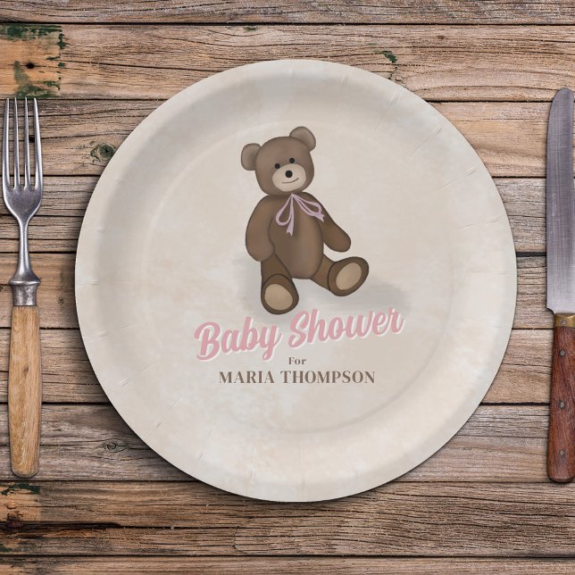 Pink Vintag Teddy Bear Custom Baby Dusche Pappteller (Baby Shower Custom Party Paper Plates)