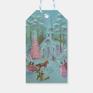 Pink Vintag Winter Weihnachtskirche Geschenkanhänger
