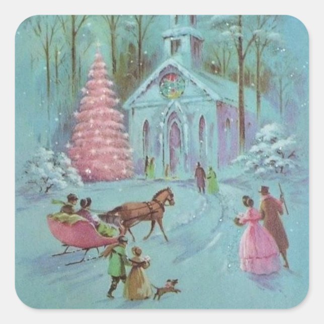 Pink Vintag Winter Weihnachtskirche Quadratischer Aufkleber (Vorderseite)