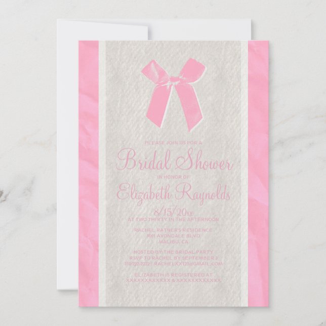 Pink Vintage Bow & Linen Bridal Shower Einladung (Vorderseite)