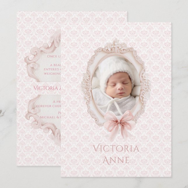 Pink Vintage Elegant Baby Girl Birth Announcement Einladung (Vorne/Hinten)