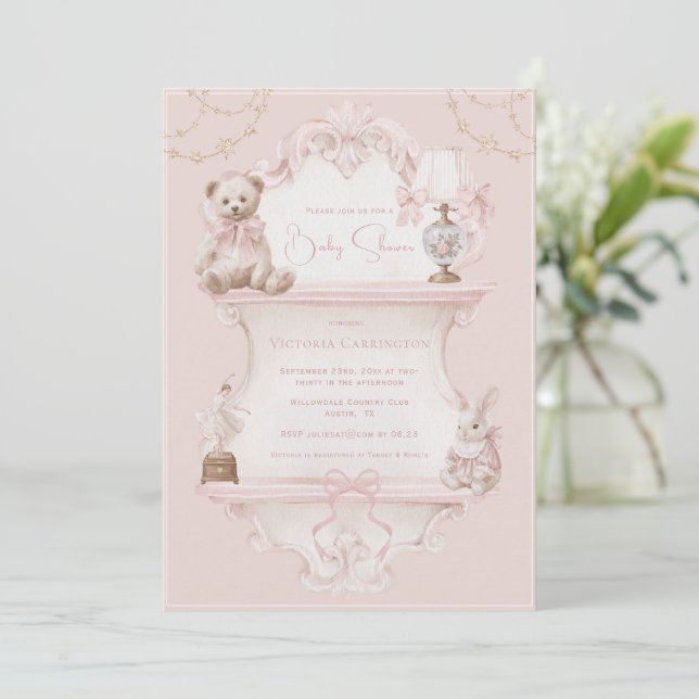 Pink Vintage Elegant Baby Shower Einladung (Stehend Vorderseite)