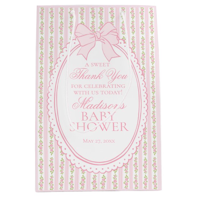 Pink Vintage Fancy Floral Baby Shower Favors Mittlere Geschenktüte (Vorderseite)
