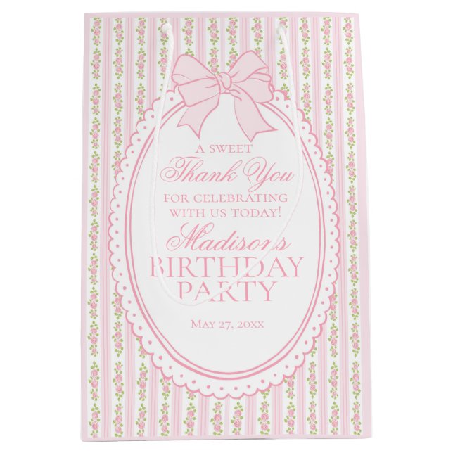 Pink Vintage Fancy Floral Birthday Party Favors Mittlere Geschenktüte (Vorderseite)