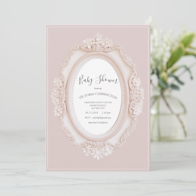 Pink Vintage Frame Baby Shower Einladung (Stehend Vorderseite)
