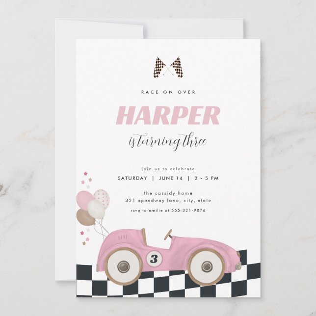 Pink Vintage Race Car Girl Birthday Invite  Einladung (Vorderseite)