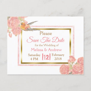 PInk Vintage-Vogel Hochzeit Floral Save the Date Ankündigungspostkarte