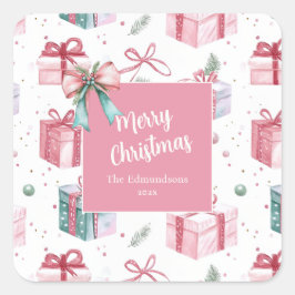 Pink Vintage Weihnachtsgeschenke Pakete Quadratischer Aufkleber