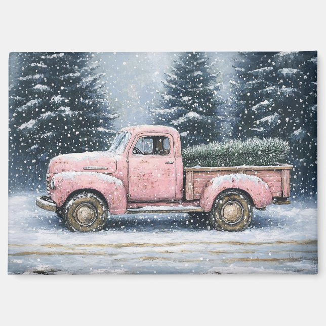 Pink Vintager LKW Hauling ein Weihnachtsbaum Magnet (Vorderseite)