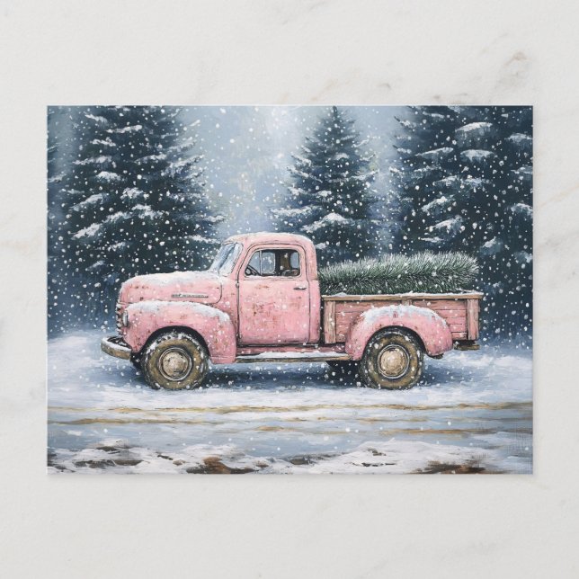 Pink Vintager LKW Hauling ein Weihnachtsbaum Postkarte (Vorderseite)