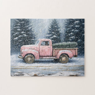 Pink Vintager LKW Hauling ein Weihnachtsbaum Puzzle