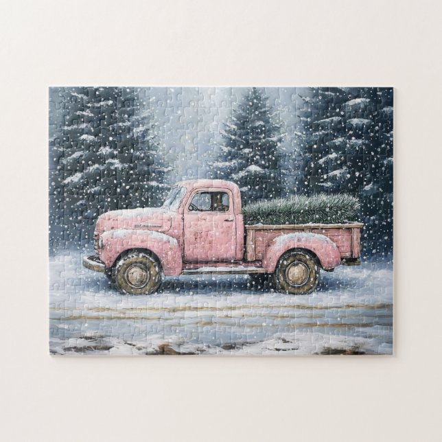 Pink Vintager LKW Hauling ein Weihnachtsbaum Puzzle (Horizontal)