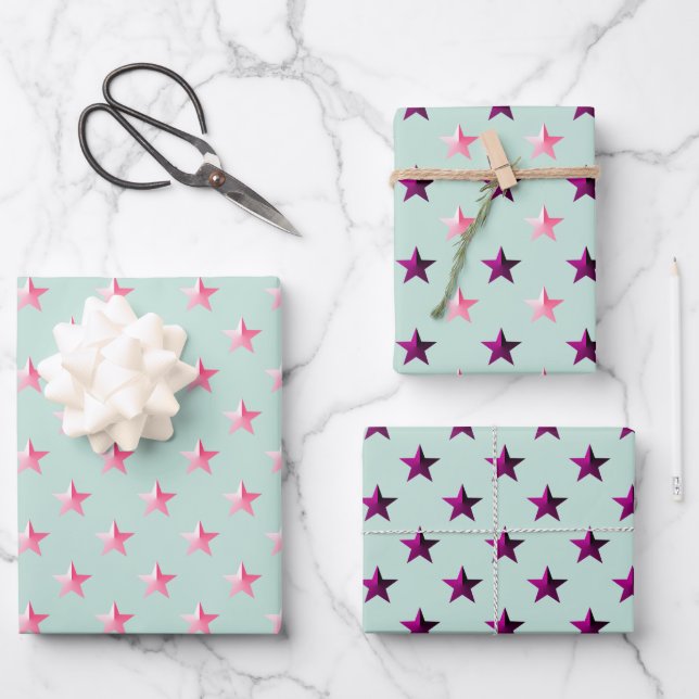 Pink Violet Lila Stars Seite Grün Geschenkpapier Set (Vorderseite)