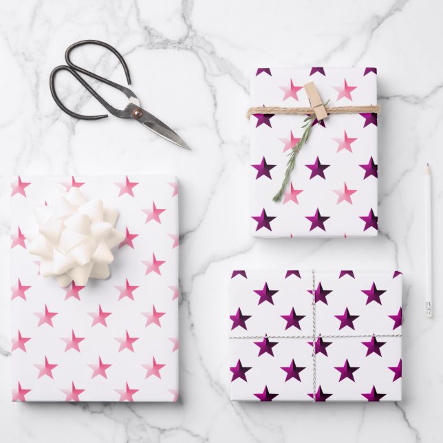 Pink Violet Lila Stars Weiß Geschenkpapier Set (Vorderseite)