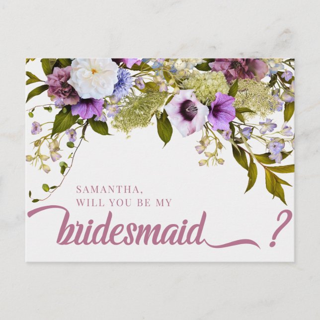 Pink-violette Blumen werden Sie meine Bridesmaid-K Postkarte (Vorderseite)