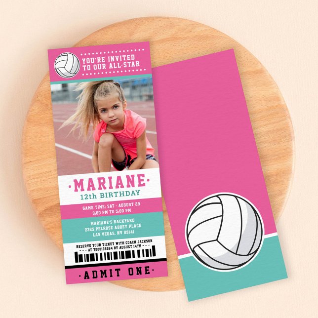 Pink Volleyball Ticket Geburtstag Foto Einladung (Von Creator hochgeladen)