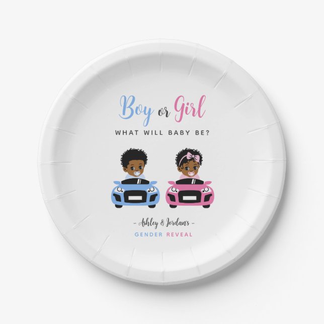 Pink vs Blue Baby Car Race Gender Reveal Plates Pappteller (Vorderseite)
