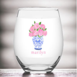 Pink Wassercolor Hydrangees Chinoiserie Custom Weinglas Ohne Stiel