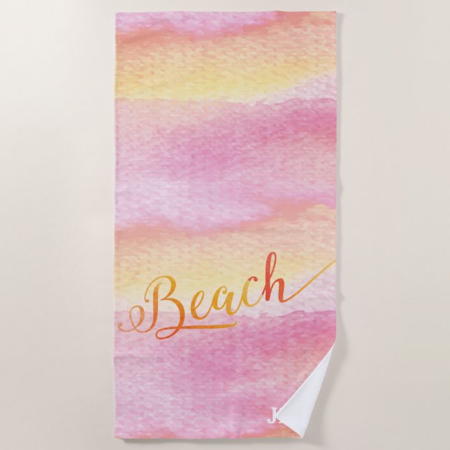 Pink Watercolor Abstrakt Beach Monogram Strandtuch (Vorderseite)