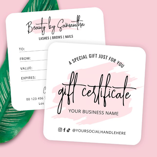 Pink Watercolor Aesthetiker Lash Salon Geschenkkar Quadratische Visitenkarte (Feminine blush pink watercolor business gift certificate with fully editable text & colors)