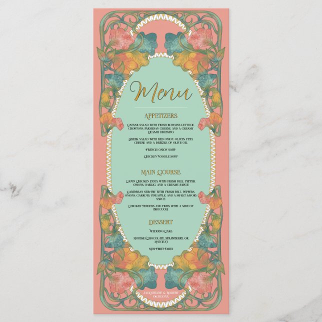 Pink Watercolor Art Nouveau Wedding Menu Menükarte (Vorderseite)