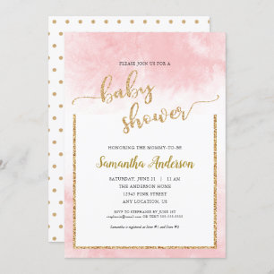 Pink Watercolor Baby Dusche Gold Glitzer Script Einladung