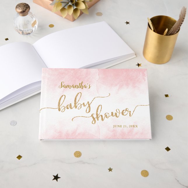 Pink Watercolor Baby Dusche Gold Glitzer Script Gästebuch (Vorderseite Offen)