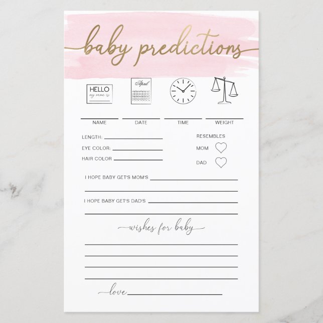 Pink Watercolor Baby Predictions Game (Vorderseite)