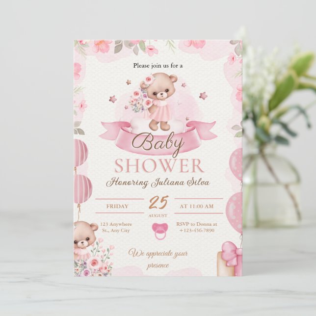 Pink Watercolor Babydusche Einladung (Stehend Vorderseite)