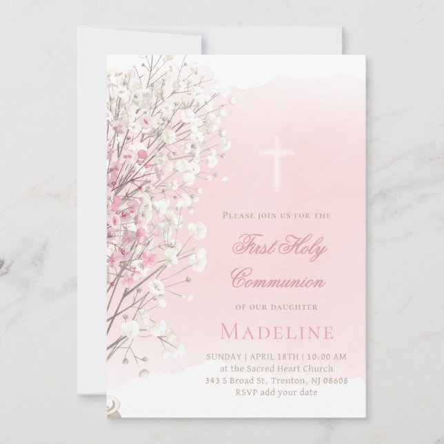 pink watercolor baby's breath |  First Communion Einladung (Vorderseite)