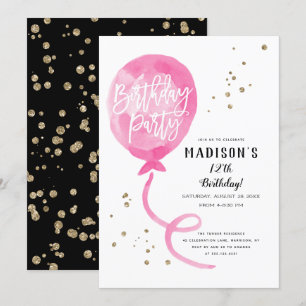 Pink Watercolor Ballon Gold Confetti Geburtstag Einladung