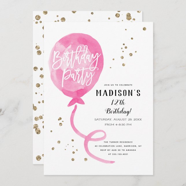 Pink Watercolor Ballon Gold Confetti Geburtstag Einladung (Vorne/Hinten)