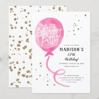 Pink Watercolor Ballon Gold Confetti Geburtstag Einladung