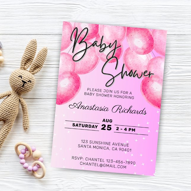 Pink Watercolor Balloons Babydusche Einladung (pink watercolor balloons baby shower invitation)